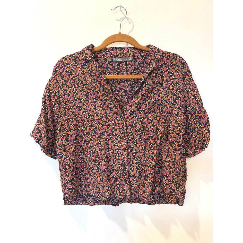 Prana Lightweight Boxy Blouse Floral Black M Button Front Shirt Sleeve Boho